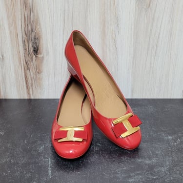Ferragamo Low Wedge Heel Red Patent Leather - Womens 11M 