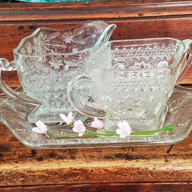 Mid-Century Glass Sugar & Creamer Set Flowers Scrolls~Vintage 1950's Pressed Glass Cream/Sugar Bowl with Glass Tray~JewelsandMetals 