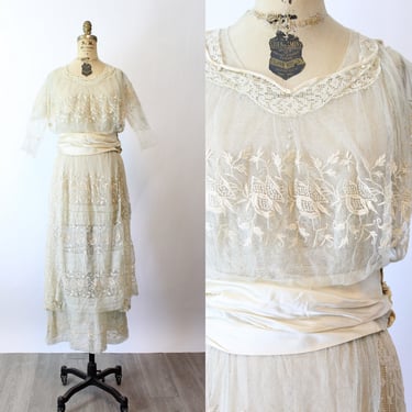 1900 ANTIQUE edwardian embroidered MESH wedding dress small | new spring 