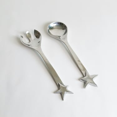 Salad Servers with Star Handles, Postmodern Recycled Aluminum by Mariposa, Made in Mexico, Vintage 1990's 