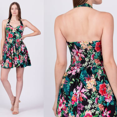 80s Floral Halter Fit & Flare Mini Dress - Small | Vintage Byer Too Sleeveless Summer Sun Dress 