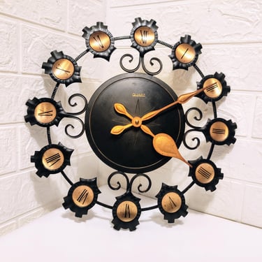 Vintage Sunburst Wall Clock/ Mid Century Modern Clock / Modern Quartz Starburst Kitchen Clock/Black Metal & Brass Clock / Old Wall Decor 70s 