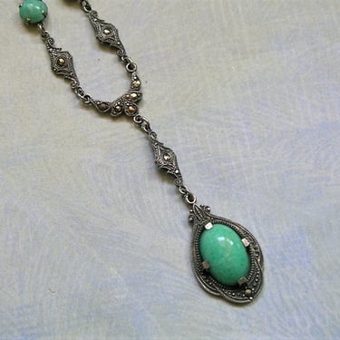 Antique 1920's Art Deco Sterling Marcasite and Amazonite Necklace, Art Deco Necklace, Sterling Marcasite Necklace (#4015) 