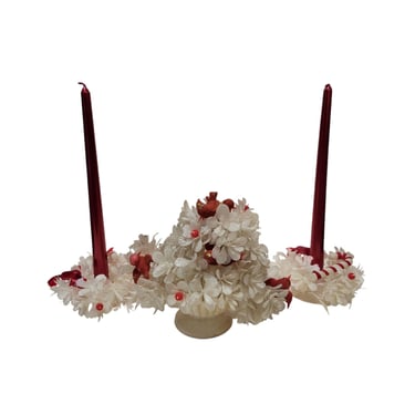 Vintage 1960s Holiday Faux Flowers & Candlestick Holders, Plastic Wrapped Candy Canes, Red Partridge Table Centerpiece, Retro Christmas 