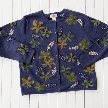 blue embroidered sweater | 90s y2k vintage cottagecore sweater dark blue embroidered leaves flowers country scenic cardigan 