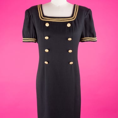 Vintage 80s Virgo II Black Nautical Sheath Dress with Gold Rope Trim and Buttons 