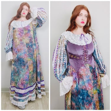1970s Vintage Purple and Blue Magical Floral Print Prairie Dress / 70s / Seventies Romantic Lace Off Shoulder Cotton Gown / One Size 