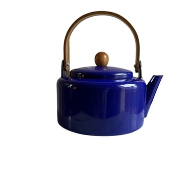 Vintage Cobalt Blue Enamel Metal Tea Kettle 