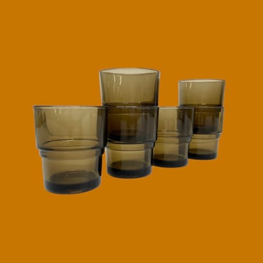 Vintage Whiskey Glasses Retro 1970s Vereco + Mid Century Modern + Smokey Brown + Set of 6 + Stackable + Juice Glasses + MCM + Home Bar Decor 