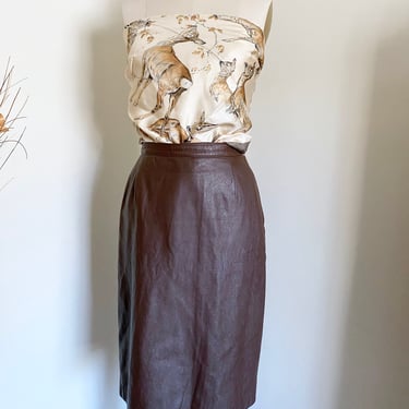 Vintage 80's Brown Leather Pencil Skirt, Designer Vintage, 26W 