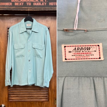 Vintage 1950’s “Arrow” Sage Green Rayon Gabardine Flap Pocket Rockabilly Shirt, Size M, 50’s Loop Collar, Vintage Clothing 