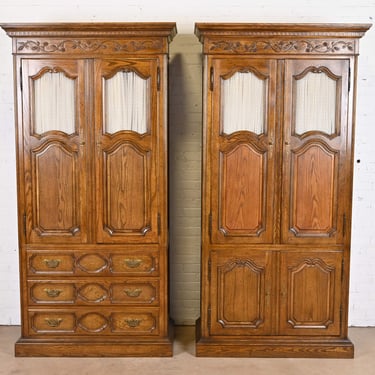Baker Furniture French Provincial Louis XV Carved Oak Armoire Dressers or Linen Presses, Circa 1960s