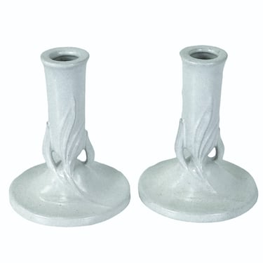 Pair of Roseville Pottery Satin White “IVORY” Candlesticks  #1122-5