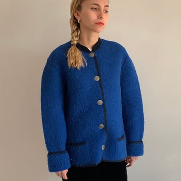 70s handmade boiled wool jacket blazer / vintage cobalt blue pure boiled wool jacket coat / Alpine silver coin button jacket | S M 