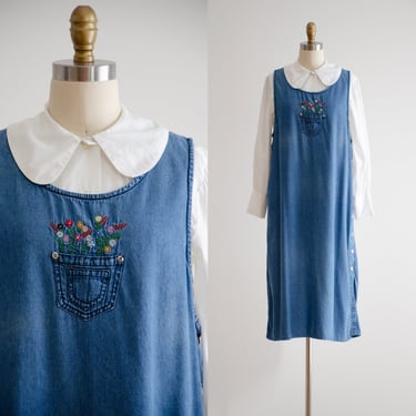 denim pinafore dress 90s vintage embroidered floral loose oversized sleeveless overall dress 