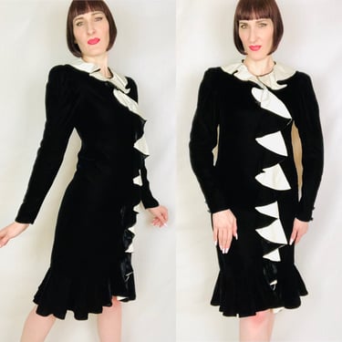 Vintage 1980's OSCAR de la RENTA Jet Black Velvet and White Satin Ruffled Tuxedo Dress w/ Ruffled Cha Cha Fishtail Hem - size Small Medium 