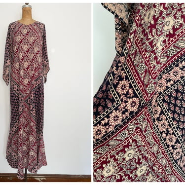 Vintage ‘70s hippy caftan, KAISER block print kaftan | cotton maxi dress, bohemian gown, M 