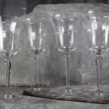 Set of 4 Etched Glass Red Wine Glasses - Vintage Wine Glasses - Etched Floral Design | FREE SHIPPING 