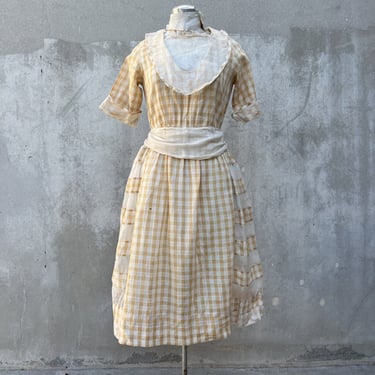 Antique 1920s 1930s Yellow Checkered Organza Cotton Dress Striped Prairie Vtg