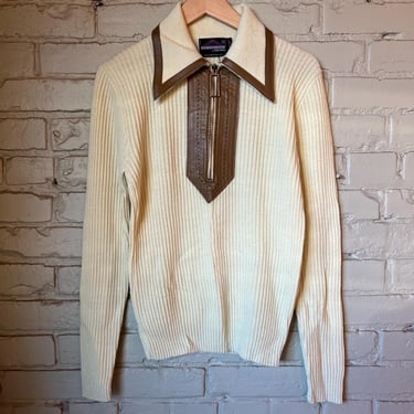 Small, Vintage 1970s Quarter Zip Wide Collar Knit Sweater, White Brown 