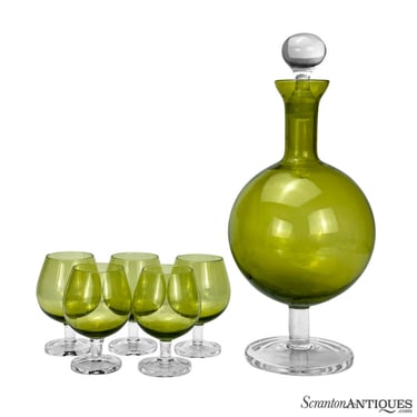Mid-Century Atomic Avocado Green Blown Glass Liquor Decanter Set w/ 5 Glasses