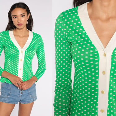 Polka Dot Shirt 70s Top Button Up Shirt Green Blouse Boho Disco 1970s V Neck Blouse Vintage Long Sleeve Retro Small S 