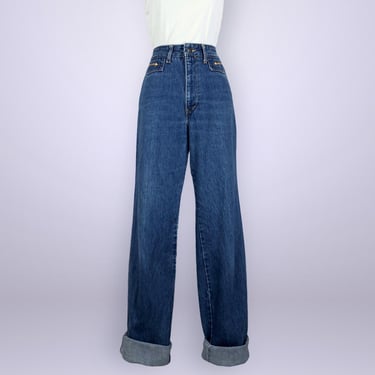 VINTAGE 70s Larry Mahan High Waist Western Wear Jeans 27x35 | 1970s Extra Long High Rise Cowboy Jeans | Rockabilly Denim | VFG 