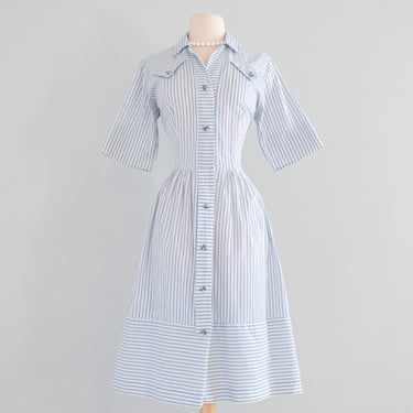 Sweet 1950’s Baby Blue Seersucker Shirt Dress / Sz M