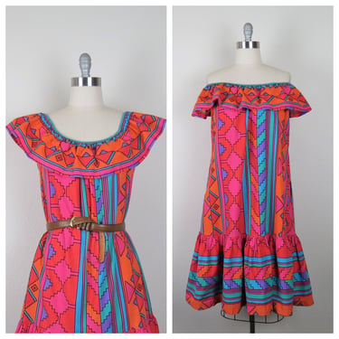 Vintage 1970s, 1980s southwest print caftan kaftan dress off the shoulder, tiered, colorful, Arizona, cowgirl, small, medium 
