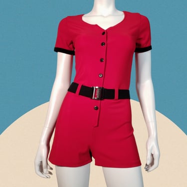 80s/90s bodysuit romper catsuit Frederick's red spandex sexy bodycon belted hotpants (S) 