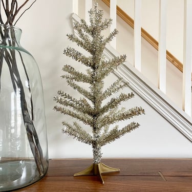 Vintage Silver Gold Tinsel Tabletop Tree | Small Metallic Tinsel Tree | Metal Pine Tree | Glam Disco Metallic Decor | Winter Decor 24