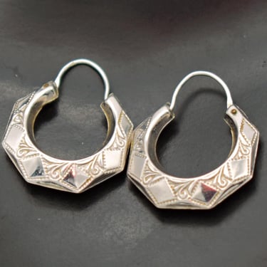 90's 14k ZZ creole style hoops, lightweight white gold harlequin pattern octagonal earrings 