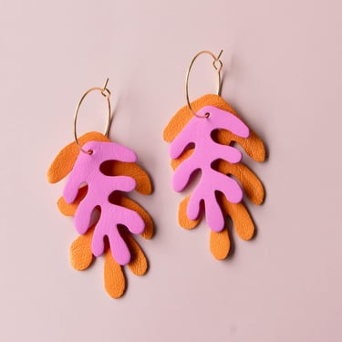 Wakame Seaweed Hoops in Orange + Vivid Pink - Reclaimed Leather Statement Hoops 