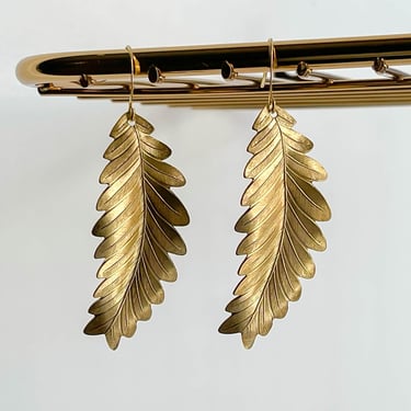 long gold leaf earrings, nature earrings, vintage brass charm earrings, dangle drop earrings, unique gift for her 