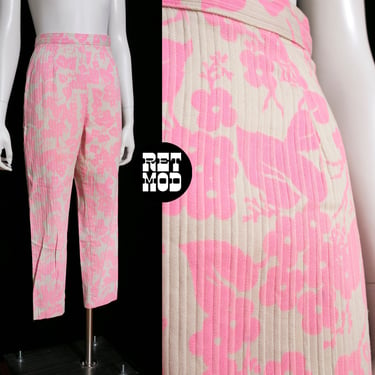 Iconic Vintage 60s Pastel Bright Pink & Off-White Ribbed Cotton Cropped Tapered Pants 
