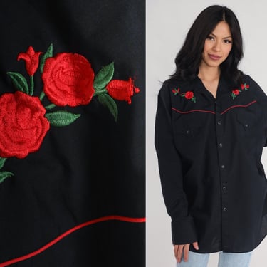 Western Rose Shirt EMBROIDERED 80s Pearl Snap Shirt Black Red Floral Cowboy Shirt Button Up 1980s Vintage Long Sleeve Men's Extra Large xl 