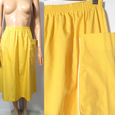 Vintage 80s Sunshine Yellow Cotton Midi Skirt With Big Deep Side Pockets Size M/L 