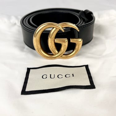 GUCCI Marmont GG Logo Skinny Belt, 95-33, Black/Antique Gold