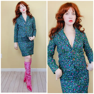 1960s Vintage Teal Floral Quilted Skirt Suit / 60s Hot Pink Miniature Floral Print Mod Set / Size XS 