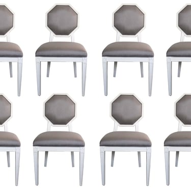 Contemporary Modern Set of 8 Gray & White Dining Chairs with Octagon Back 