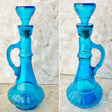 Genie Bottle, Glass Decanter, Cobalt Blue, Cork Stopper, Mid Century Vintage 