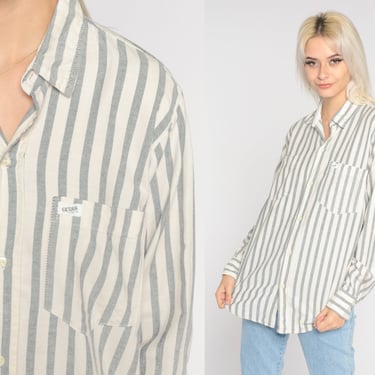 90s GUESS Shirt Grey Striped Shirt White Button Up Blouse Long Sleeve Top Grunge 1990s Vintage Medium Large 