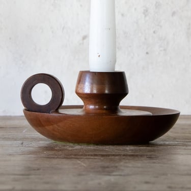 Wood Chamberstick with Finger Loop, Vintage Handcrafted Wooden Taper Candle Holder 