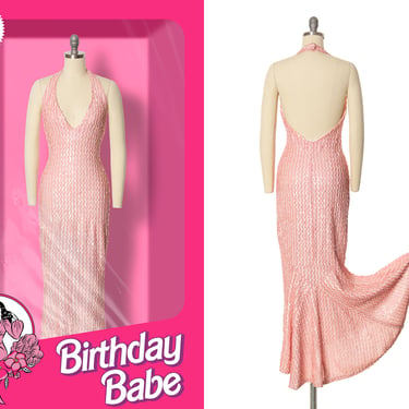 Vintage 1970s Gown | 70s CLIMAX Metallic Pink Sequined Stretchy Halter Open Back Mermaid Trumpet Hem Maxi Barbie Party Dress (x-small/small) 