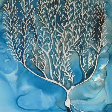 Purkinje Cell in Blue - original ink painting of brain cell - neuroscience art 