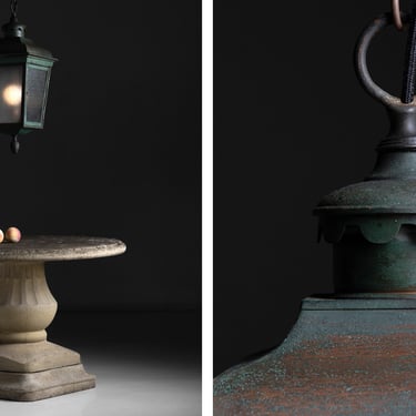 Stone Garden Table / Verdigris Copper Lantern