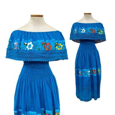 Vtg 70s 1970s Floral Embroidered Turquoise Off The Shoulder Mexican Cotton Dress 