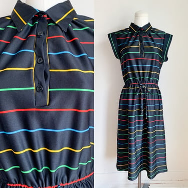 Vintage 1970s Black and Rainbow Striped Dress / M 