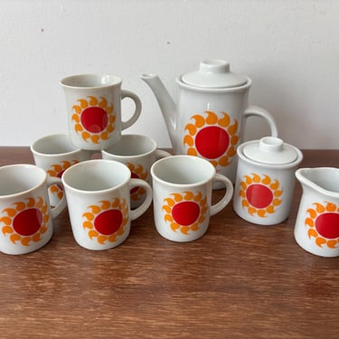 Vintage Japan Sun Tea Coffee Set | MCM Red Orange Hot Dot Space Age Modern 1970s Funk | 9pc Small Porcelain 6 Cups Teapot Creamer Sugar Bow 