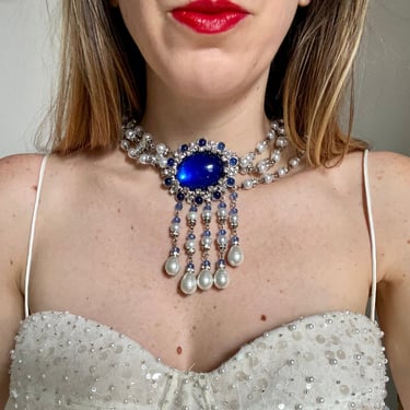 Designer Glass Pearl &amp; Blue Jewel Statement Necklace